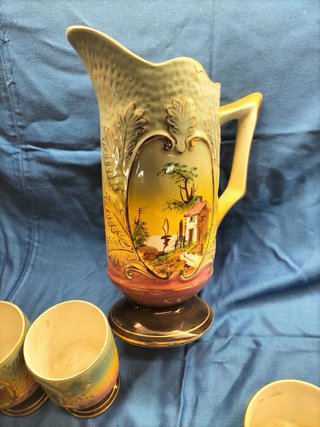 Conjunto Faiança Jarro e 6 Copos Marcados