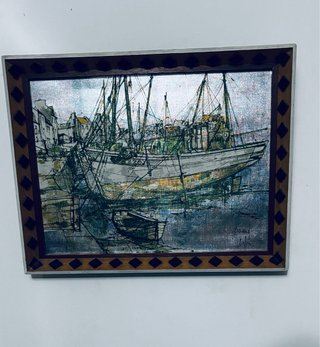 Cuadro vintage barcos puerto