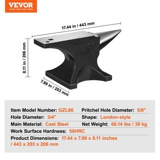 Yunque de Cuerno Único, Yunque de Acero Fundido de 29.9 kg, Yunque Redondo de Alta Dureza para Herreros, Base Estable y Grande para Encimeras, con Agujeros Redondos y Cuadrados, Herramienta para M...
