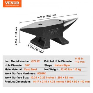 Yunque de Cuerno Único, Yunque de Acero Fundido de 10 kg, Yunque Redondo de Alta Dureza para Herrero, Gran Superficie de Trabajo y Base Estable, con Agujeros Redondos y Cuadrados, Herramienta para...