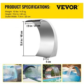 Fuente de Cascada para Piscina Fuente de Acero Inoxidable 15.4" x 7.9" x 1.5" Fuentes de Piscina Plateadas para Piscinas de Suelo Jardín Cascadas al Aire Libre Característica de Agua de Estanque