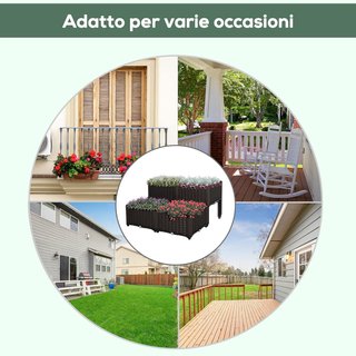 Set di 4 Vasi da Esterno Autoirriganti Elevabili Letto da Giardino per Fiori Effetto Rattan in PP, Marrone