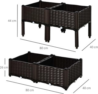 Set di 4 Vasi da Esterno Autoirriganti Elevabili Letto da Giardino per Fiori Effetto Rattan in PP, Marrone