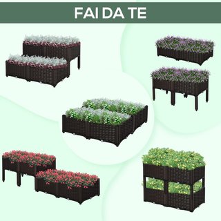 Set di 4 Vasi da Esterno Autoirriganti Elevabili Letto da Giardino per Fiori Effetto Rattan in PP, Marrone