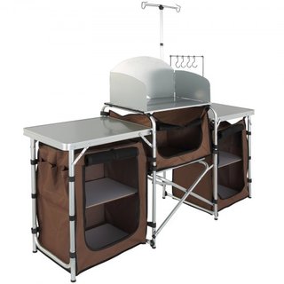 Tavolo da Cucina per Campeggio, Tavolo da Cucina Pieghevole per Esterno con Borsa di Stoccaggio, Stazione da Cucina in Alluminio con 3 Armadietti e Paravento Smontabile, Montaggio Rapido per Pic-nic...