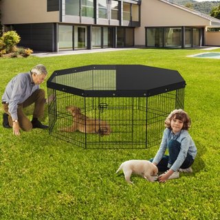 Parque para Perros, Paneles Plegables de Metal para Ejercicio de Perros con Cubierta Superior, Cerca para Mascotas de 24" de Altura, Caja para Cachorros con Estacas para el Suelo, Parque para Perr...