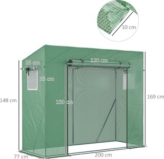 Invernadero de Jardín en PE y Acero con 4 Estacas, 2 Ventanas Laterales y Cubierta Superior Reforzada, 200X77X148-169Cm
