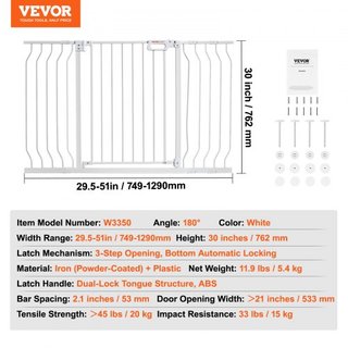 Puerta para Bebés, 29.5"-51" Extra Ancha, 30" Alta, Puerta para Perros para Escaleras, Accesos y Casa, Puerta para Niños de Fácil Paso con Cierre Automático, Puerta de Seguridad para Mascotas con ...
