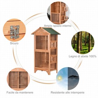 Jaula para Aves de Exterior en Madera de Abeto y Metal, Voliera para Aves con 3 Aberturas con Bloqueo, 4 Perchas y Bandeja Extraíble, 80.5X57X153 Cm, Naranja