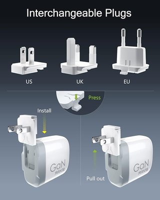 MANTO Cargador 65W 3 en 1 USB-C Enchufes US UK EU