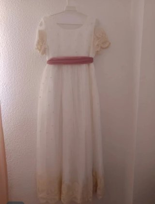 Vestido Comunión Blanco con Fajín Rosa