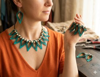 Conjunto collar y pendientes piel hoja