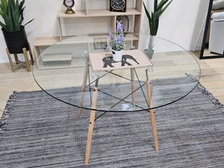 Mesa redonda de cristal 120cm + 4 sillas blancas