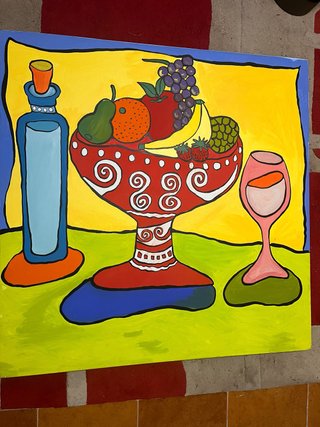 Cuadro pintado a mano Frutas y Botella