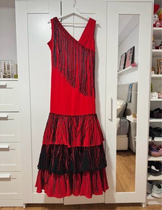 Vestido Flamenca Rojo y Negro con Flecos
