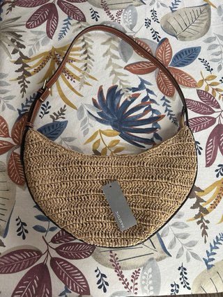 Bolso Hombro Media Luna Rafia Beige/Marrón