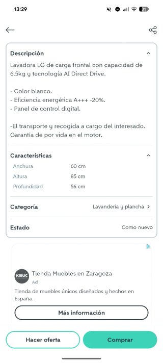 Lavadora LG 6.5kg AI Direct Drive