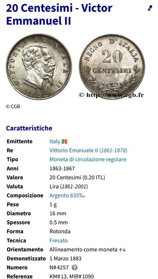 Regno Italia 20 Centesimi 1863 T argento patina