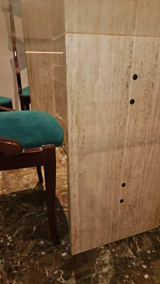 Mesa cristal y 6 sillas madera y piedra