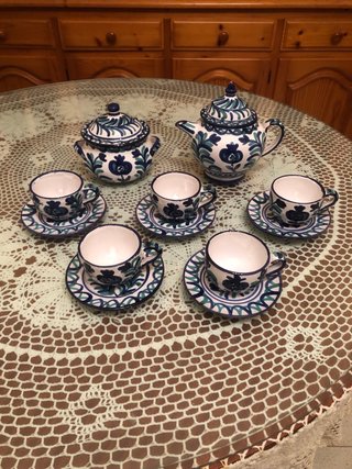 Juego de café de cerámica azul y blanco