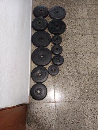 Lote discos de pesas gym varios pesos con goma