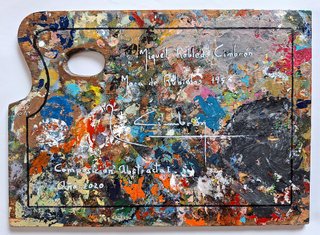 Pintura abstracta sobre paleta del artista Cimbrón