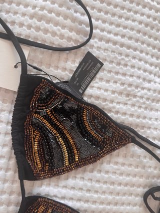 Bikini Zara Abalorios Negro y Dorado Talla S