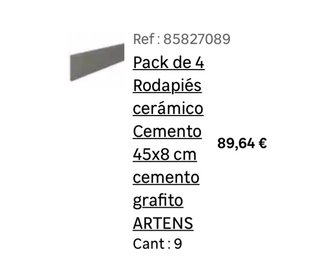 Pack Rodapiés Cemento Gris 45x8cm.Total 15m.