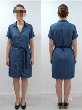 Vestido camisero vaquero azul y zapatos de piel