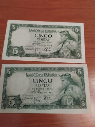 2 Billetes 5 Pesetas Banco de España 1954