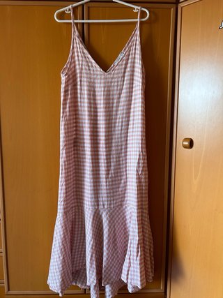 Vestido largo Mango cuadros rosa y beige