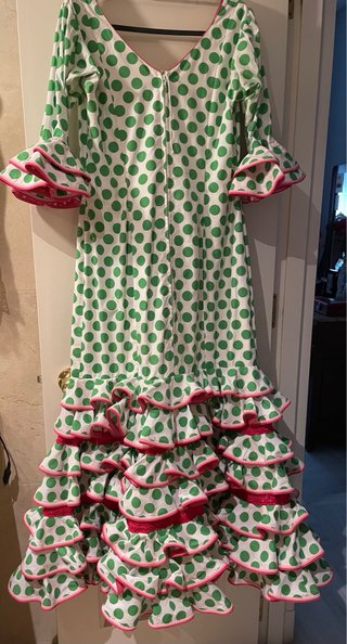 Vestido Flamenca Lunares Verde y Blanco con flor