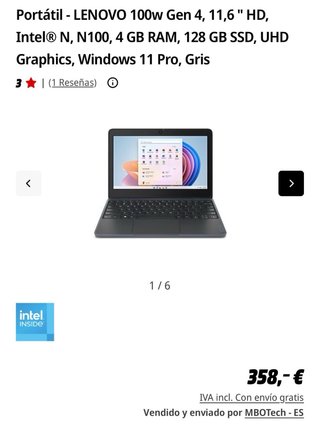 Portátil Lenovo 100w Gen 4 11.6 HD Intel