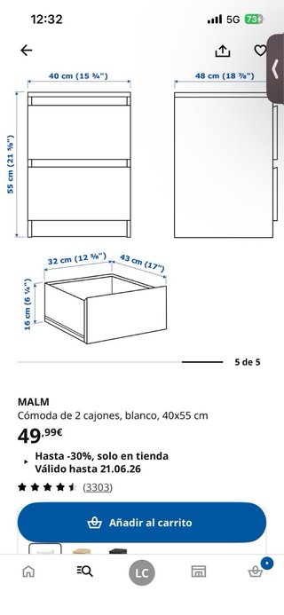 Comò a 2 cassetti IKEA MALM bianco + maniglie dorate