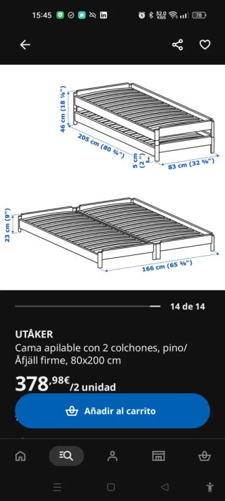 Cama apilable Utaker Ikea + 2 colchones Malfor