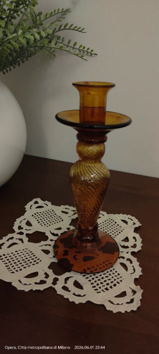 Coppia Candelabri Vintage Vetro Soffiato Ambra