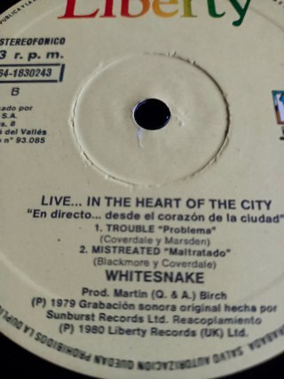 Whitesnake Live In The Heart Of The City vinilo