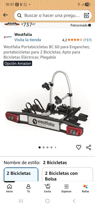 Portabicicletas Westfalia BC 60 per Attacchi - per 2 Biciclette; Adatto per Biciclette Elettriche; Pieghevole