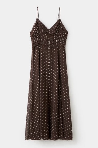 Vestido largo marrón con lunares blancos tirantes