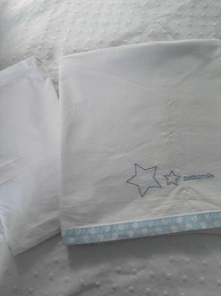 Conjunto cuna colcha + protector azul+ sabanas