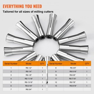 Juego de 13 piezas de pinzas de precisión R8, 1/8" - 7/8", Chuck de fresadora 45# con TIR de 0.0012"/30μm con 13 cajas de almacenamiento etiquetadas, para máquinas de fresado, taladros de prensa, ...