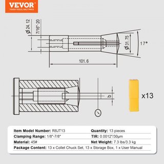 Juego de 13 piezas de pinzas de precisión R8, 1/8" - 7/8", Chuck de fresadora 45# con TIR de 0.0012"/30μm con 13 cajas de almacenamiento etiquetadas, para máquinas de fresado, taladros de prensa, ...