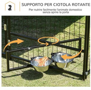 Recinto para Perros de Metal con Puerta para Cuencos, Cercado para Perros de Exterior con Cubierta de Tela Oxford, 141X141X151 Cm, Negro y Marrón