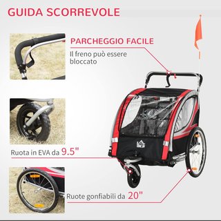 Rimorchio per Bicicletta per Bambini e Passeggino, Design 2 in 1 con Freno, Cintura a 5 Punti, Carrello per Bicicletta con Tasche Laterali, Catadiottri e Bandiera