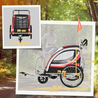 Rimorchio per Bicicletta per Bambini e Passeggino, Design 2 in 1 con Freno, Cintura a 5 Punti, Carrello per Bicicletta con Tasche Laterali, Catadiottri e Bandiera