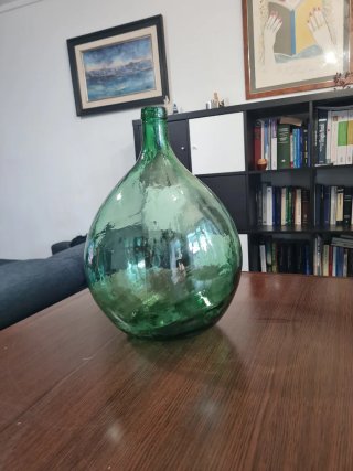 Damajuana ovalada vidrio verde soplado vintage 25L