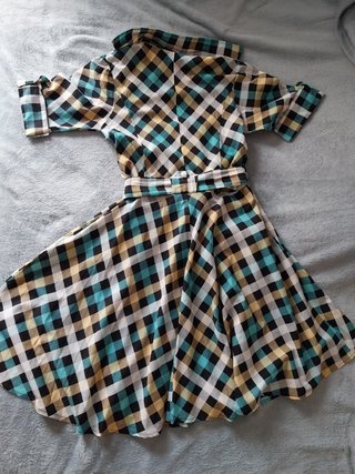 Vestido retro cuadros teal y amarillo