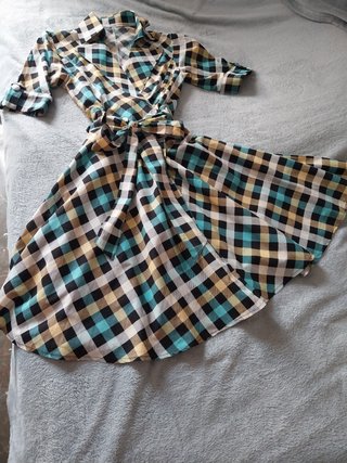 Vestido retro cuadros teal y amarillo