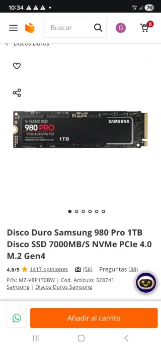Disco Duro Samsung 980 Pro 1TB NVMe M.2
