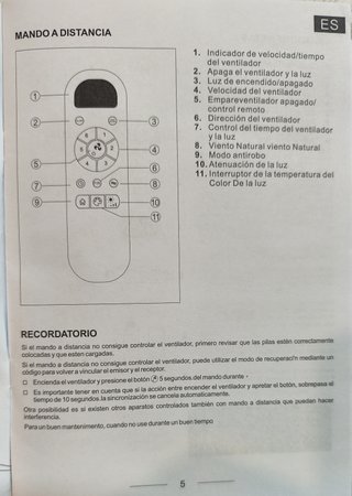 Ventilador techo, luz LED, mando y motor DC